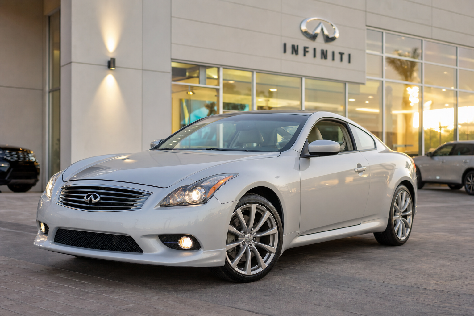 An enhanced dealership photo of a silver coupe at golden hour