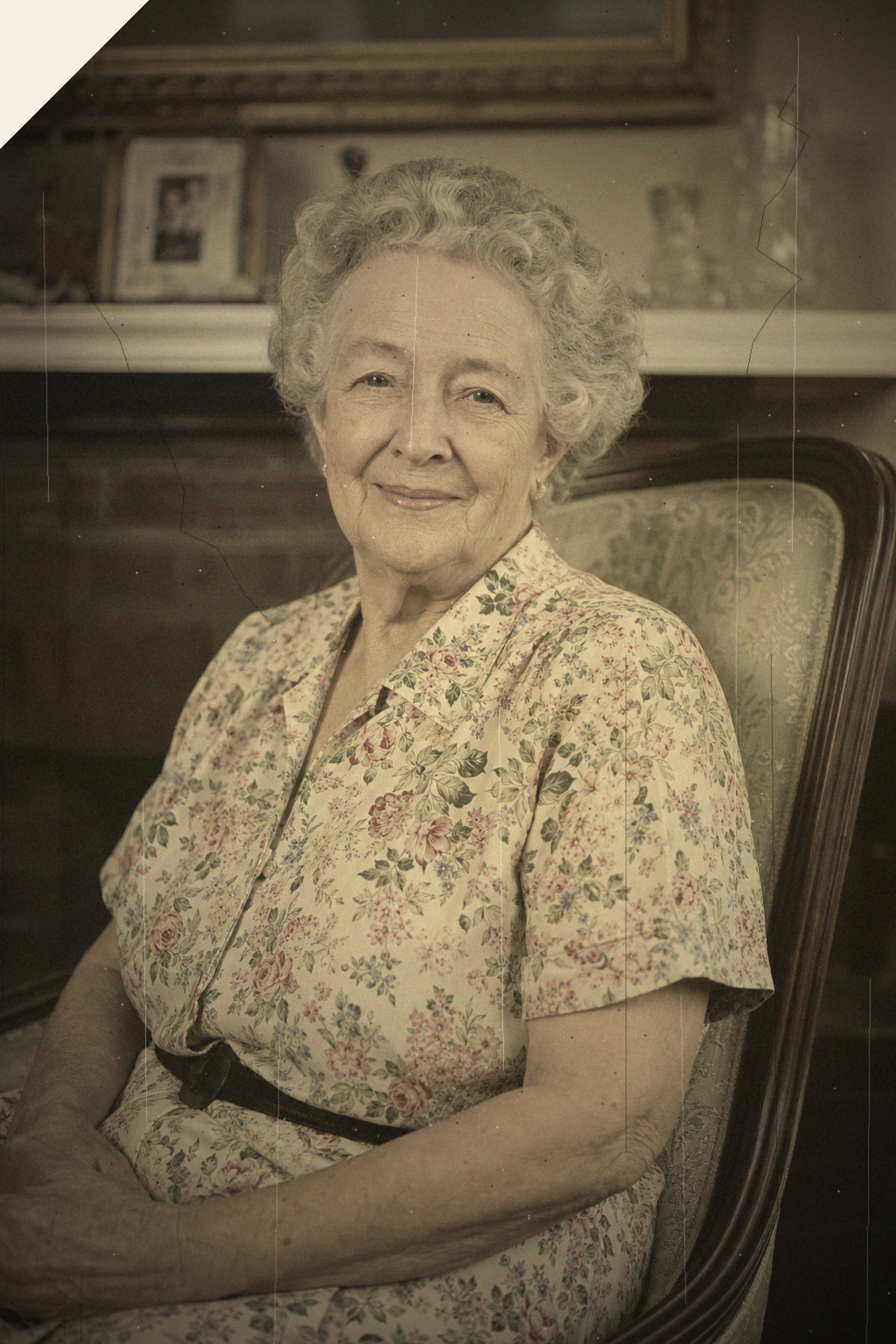 The same portrait before, faded and creased