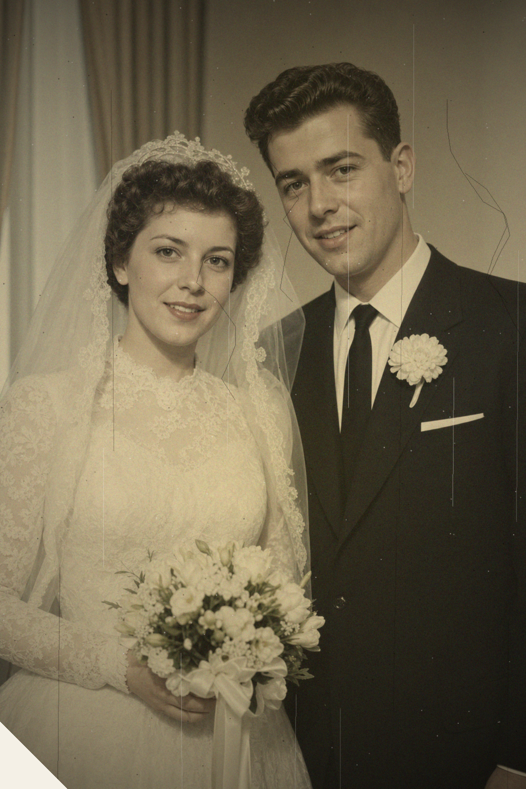 The same wedding portrait before, color-faded and soft