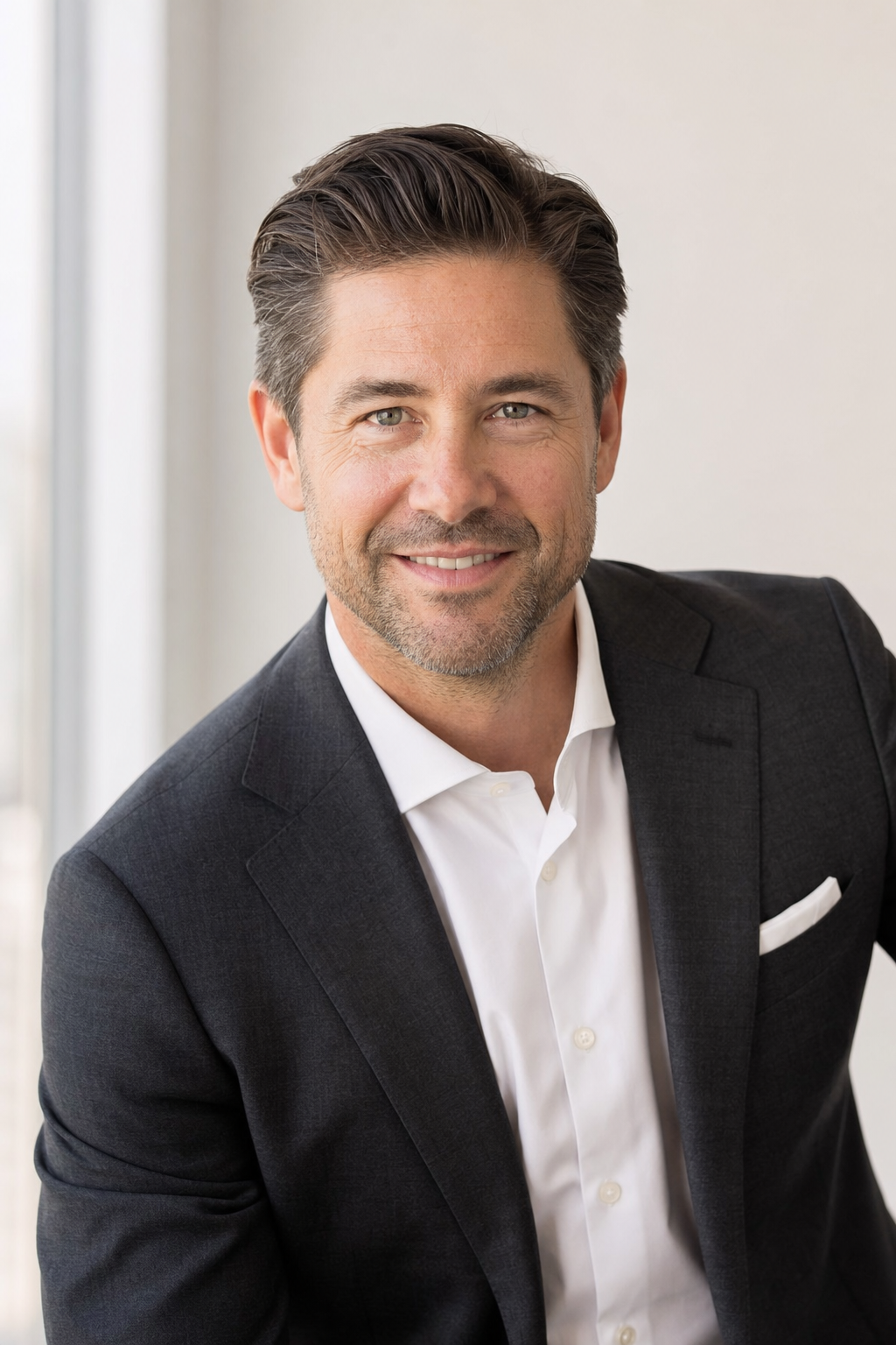 Polished headshot of a man in a charcoal suit