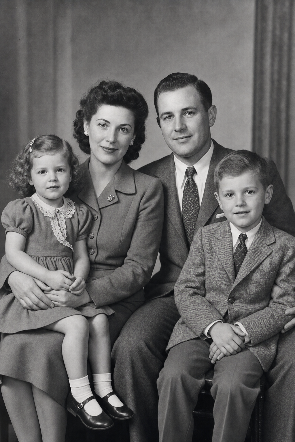 Restored 1945 family studio portrait, sharp and clean with full tonal range