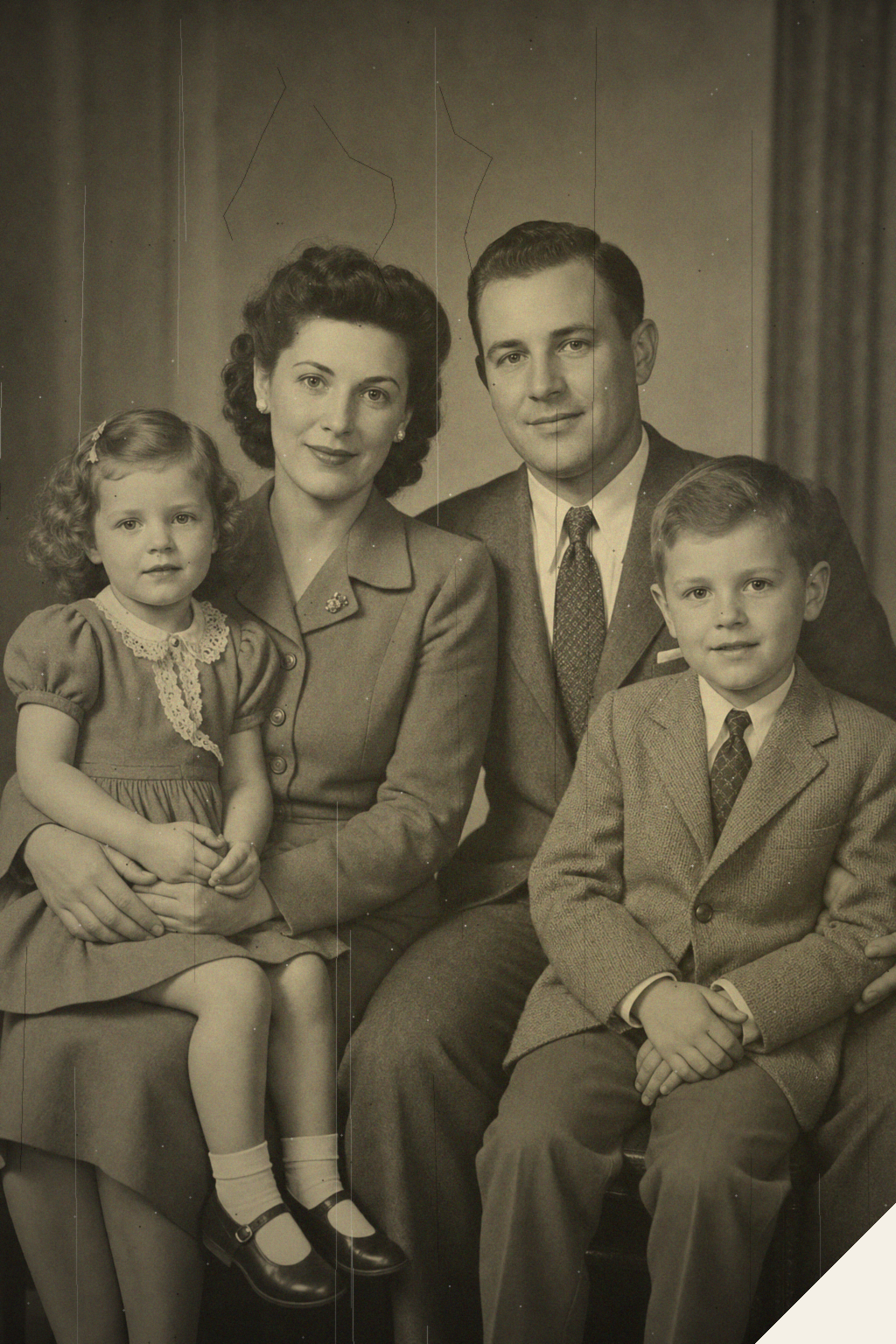 The same 1945 portrait before restoration, cracked, faded, and yellowed