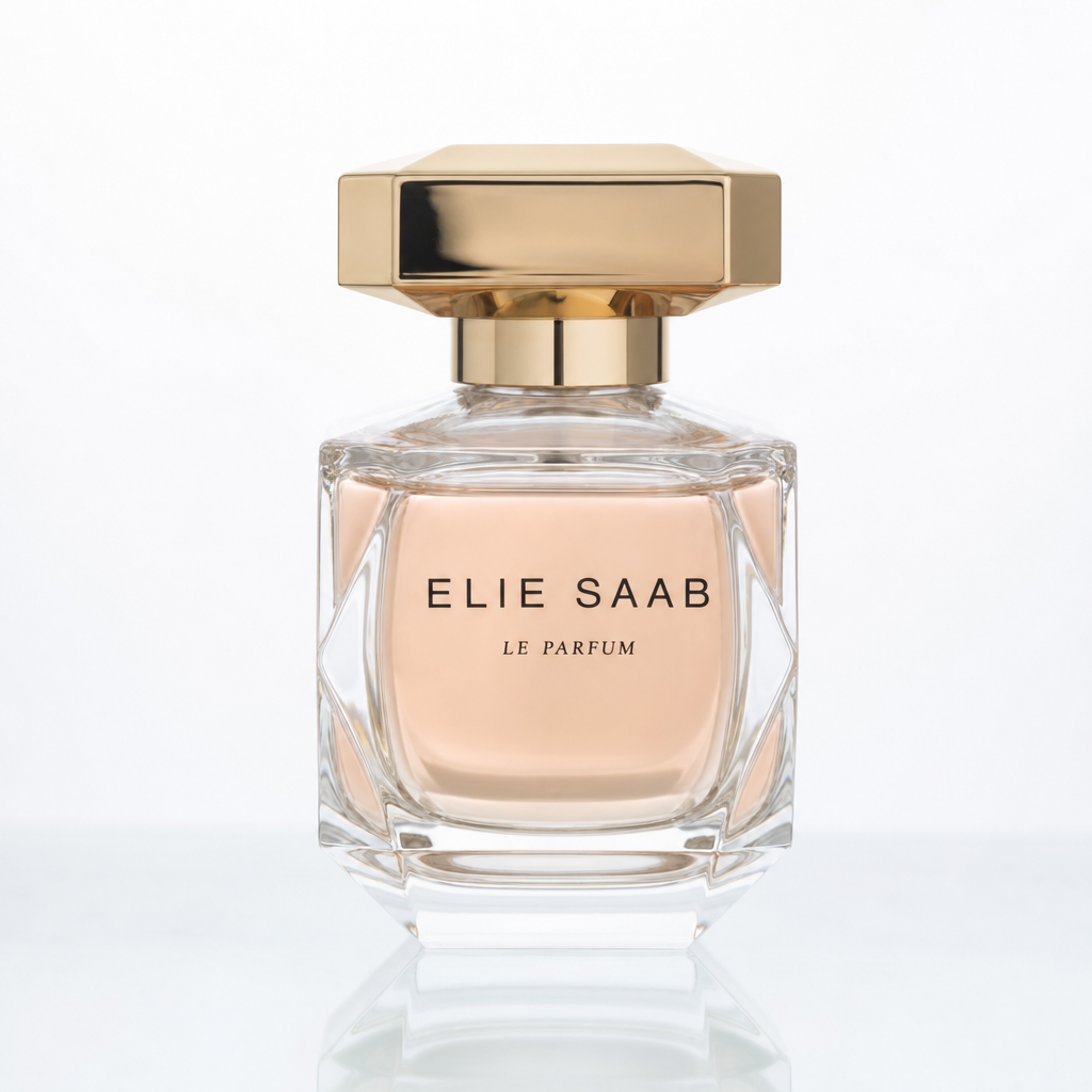 A clean ecommerce product photo of a glass perfume bottle on white