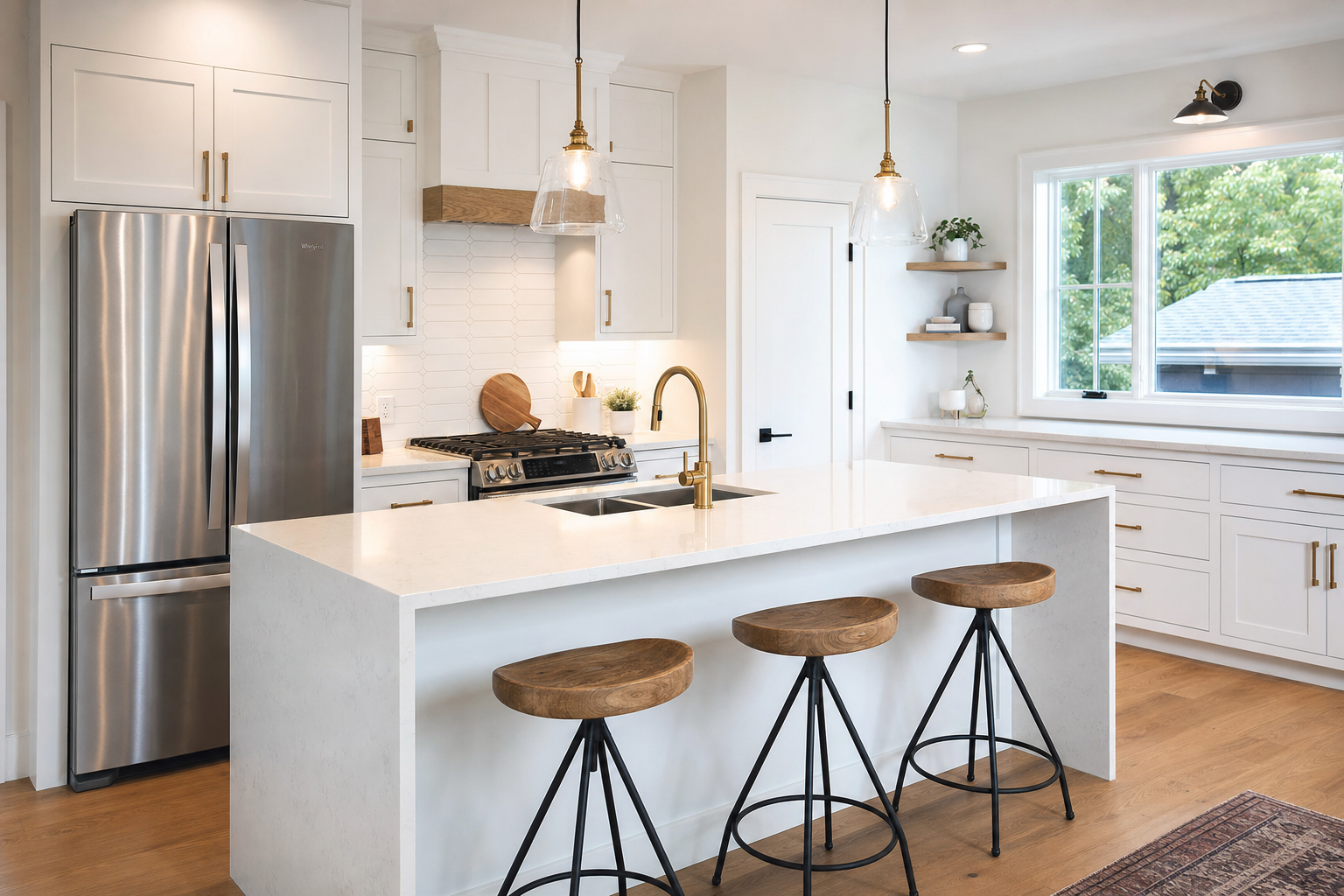 A bright, balanced real estate photo of a white kitchen
